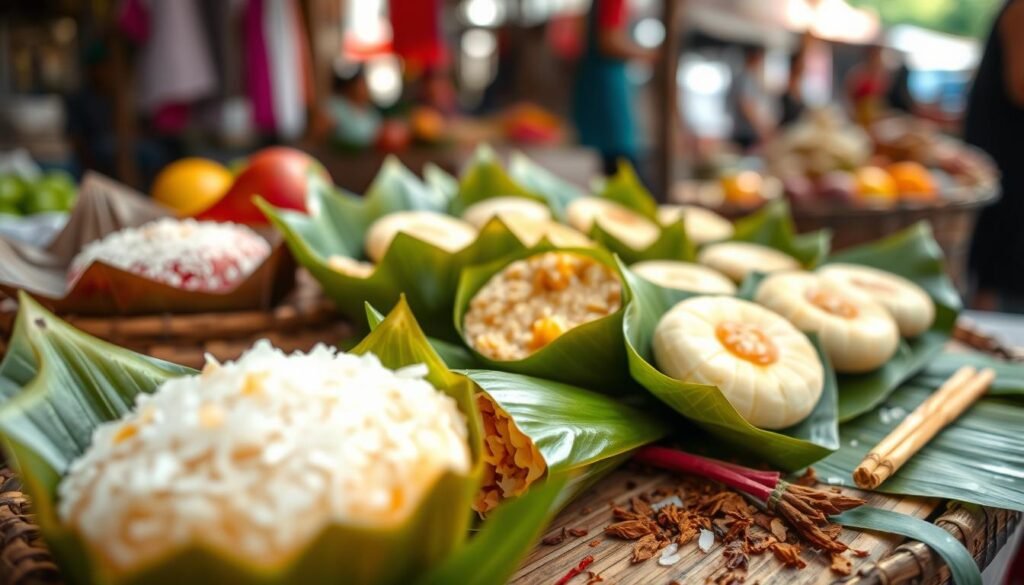 A beautifully arranged display of traditional Indonesian street snacks wrapped in banana leaves, showcasing a variety of colorful treats like klepon, putu ayu, and lontong. The foreground features a close-up of one of the snacks, glistening with a light sheen of coconut topping. In the middle ground, other snacks are artistically arranged on a rustic bamboo platter, with hints of vibrant fruits and spices nearby, adding rich colors. The background reveals a gentle, blurred market scene, with soft natural lighting filtering through, creating a warm and inviting atmosphere. The image captures the essence of Indonesian culinary culture, evoking feelings of nostalgia and vibrancy. Ensure the composition has a shallow depth of field for focus on the snacks, with a soft bokeh effect enhancing the lively, market vibe.