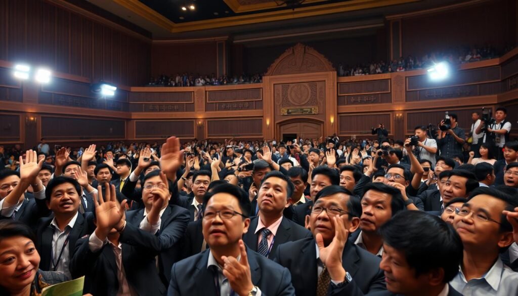 A bustling scene depicting a chaotic audience session in Sukabumi, capturing the intensity of emotions among attendees. In the foreground, a diverse group of people in professional business attire, some standing and raising their hands, exhibit expressions of surprise and excitement. In the middle ground, a podium with a concerned speaker addressing the crowd, highlighted under warm dramatic lighting. The background reveals a large assembly hall with ornate decor, filled with onlookers and media personnel capturing the moment with cameras. The atmosphere is dynamic and charged, illuminated by bright overhead lights, accentuating the urgency and tension of the situation, while retaining a sense of professionalism and decorum among the participants.