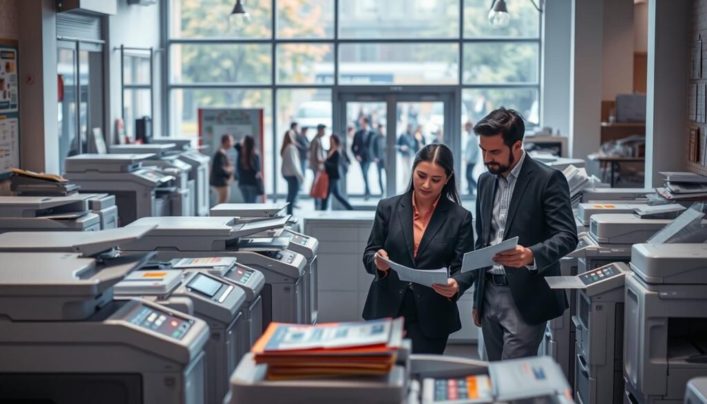 A busy photocopy business near a university campus, showcasing operational management in action. In the foreground, a diverse group of professionals dressed in business attire—two men and one woman—collaborate around a sleek, modern photocopy machine, reviewing printouts and discussing strategies. In the middle ground, a well-organized workspace is filled with numerous photocopy machines, colorful flyers, and neatly arranged office supplies. The background features the bustling entrance of a university, with students walking by, highlighting the proximity to campus. Soft, natural lighting pours in through large windows, creating a warm and inviting atmosphere. The scene conveys a sense of productivity and efficiency, ideal for maximizing profits in a photocopy business.