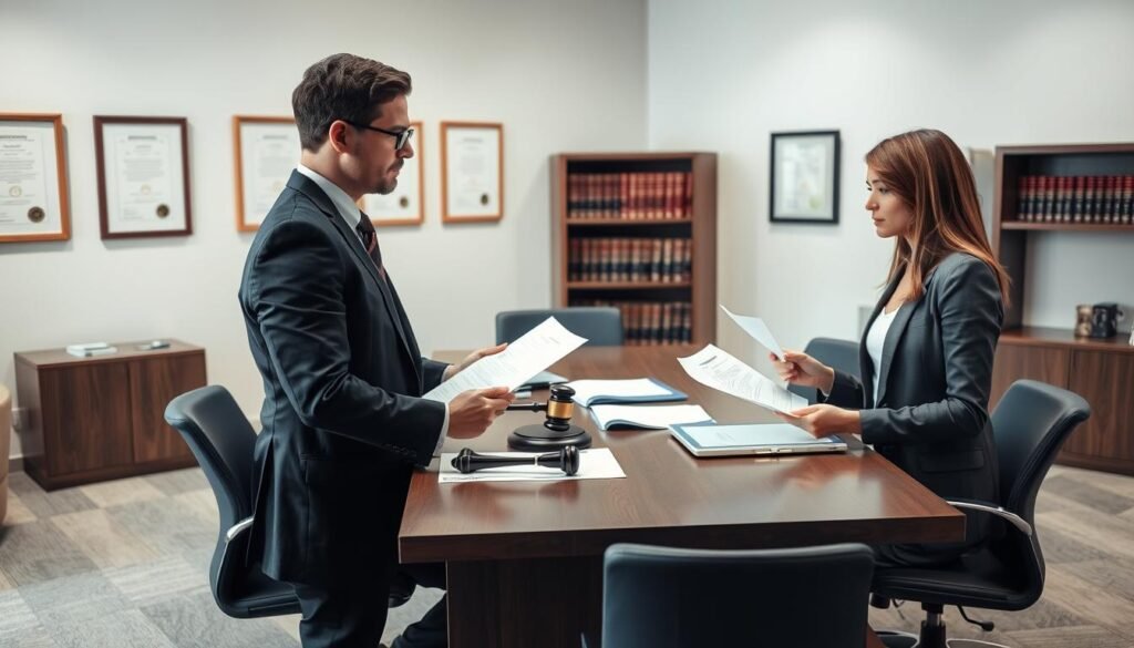 A calm office environment focusing on the legal proceedings of domestic violence cases. In the foreground, a professional male lawyer in a suit is discussing evidence with a female client, who appears focused and empowered while holding legal documents. The middle features a large conference table with legal files, a gavel, and a laptop. The background includes a wall with framed certificates and law books. Soft, diffused lighting creates a serious yet hopeful atmosphere, reflecting the importance of justice and support. The scene is depicted from a slightly elevated angle, emphasizing professionalism and the gravity of the ongoing legal process.