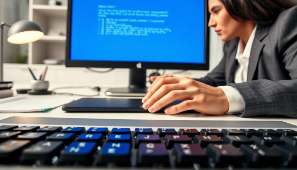 A close-up view of a computer screen displaying a blue screen error in a professional office environment. The foreground features a keyboard with faint reflections of the blue screen error text on its keys. In the middle, a person in smart business attire is analyzing the screen with a concerned expression, their fingers poised over the keyboard, ready to troubleshoot. In the background, a softly lit workspace with neatly arranged tech gadgets and notes, creating a focused atmosphere. The lighting is bright but diffused for a clean, professional look, emphasizing the urgency of addressing the blue screen issue. The composition captures a blend of technical aspects and a serious mood, suitable for an informative article section.