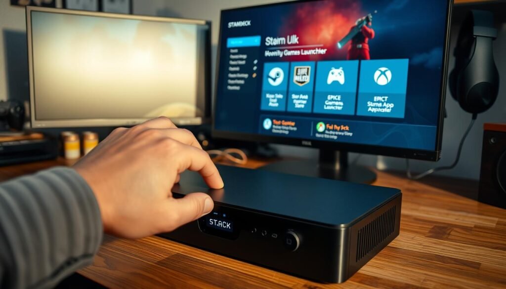 A detailed close-up of a Steam Deck console being configured on a wooden desk, displaying the Steam interface alongside icons for various non-Steam launchers like Epic Games Store and Xbox App. In the foreground, a hand, dressed in a casual yet professional attire, is gently interacting with the screen, illustrating an install process. The middle ground features the Steam Deck with a slightly blurred background of a cozy gaming setup including a monitor, headset, and game collectibles, contributing to a gamer’s ambiance. The lighting is soft and warm, casting gentle shadows that evoke a productive atmosphere. The image captures a sense of focus and enthusiasm for gaming optimization, without any text or additional distractions. A detailed close-up of a Steam Deck console being configured on a wooden desk, displaying the Steam interface alongside icons for various non-Steam launchers like Epic Games Store and Xbox App. In the foreground, a hand, dressed in a casual yet professional attire, is gently interacting with the screen, illustrating an install process. The middle ground features the Steam Deck with a slightly blurred background of a cozy gaming setup including a monitor, headset, and game collectibles, contributing to a gamer’s ambiance. The lighting is soft and warm, casting gentle shadows that evoke a productive atmosphere. The image captures a sense of focus and enthusiasm for gaming optimization, without any text or additional distractions.