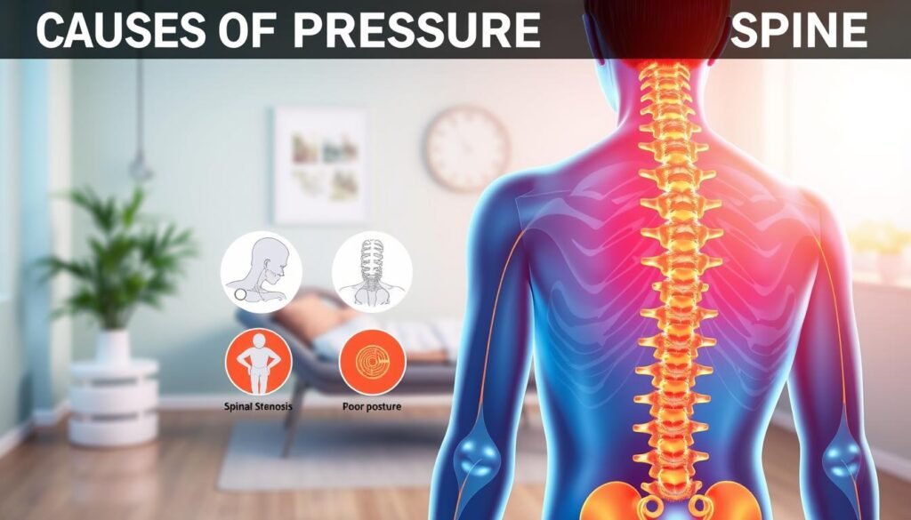 A detailed illustration showcasing the causes of pressure on the spine, emphasizing factors contributing to nerve compression. In the foreground, a stylized human back anatomy is displayed, highlighting the vertebrae, discs, and nerves in vibrant colors to enhance clarity. The middle ground features a variety of common causes such as bulging discs, spinal stenosis, and poor posture, represented through visual elements like diagrams or icons. In the background, a calming clinical setting is depicted, like a doctor's office or therapy room, bathed in soft, natural lighting. The overall mood is informative and professional, aiming to engage readers and provide a clear understanding of the major causes to watch out for.