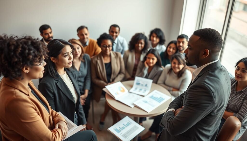 A diverse group of people portrayed in a professional setting discussing health literacy. In the foreground, two individuals—one Asian female and one Black male—are engaging in a thoughtful conversation, dressed in business attire. The middle ground features a round table with documents, books, and charts illustrating health literacy statistics, while a diverse audience of various ages and ethnicities observes attentively. The background showcases a large window with soft, natural light illuminating the scene, creating a warm and inviting atmosphere. The camera angle is slightly elevated, capturing both the discussion and the audience's expressions of curiosity and concern. The mood should be serious yet hopeful, emphasizing the importance of health literacy in addressing health inequities.