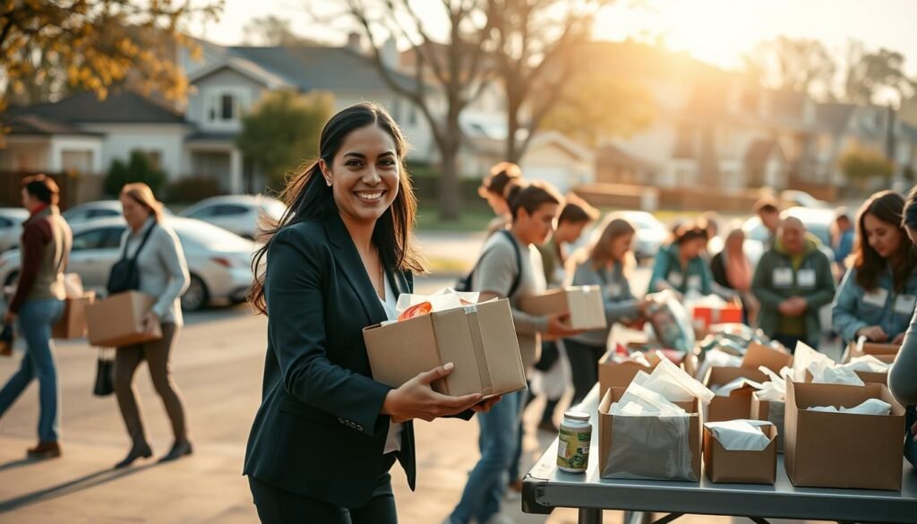 A diverse group of volunteers engaged in a community service project, working together to distribute food and supplies to families in need. In the foreground, a woman in professional business attire hands out packages with a warm smile, while a man beside her, dressed in modest casual clothing, carries a large box. In the middle ground, additional volunteers sort items on a table, showcasing camaraderie and teamwork. The background features a bustling neighborhood, with homes and trees, under a bright, hopeful sky lit by soft, natural sunlight. The scene conveys a sense of resilience, community spirit, and inspiration amidst challenging times, evoking feelings of hope and support.