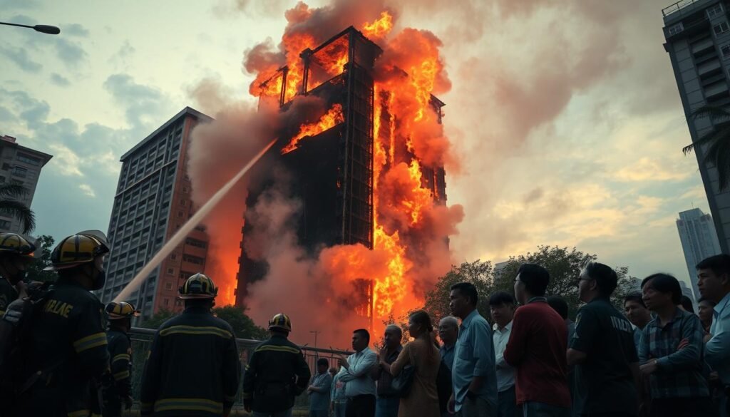 A dramatic scene of the "Kebakaran Gedung Kemayoran," capturing the moment of a high-rise building engulfed in flames. In the foreground, emergency responders in professional attire are actively battling the blaze, hoses spraying water. The middle ground features smoke billowing into the sky, with fiery orange and red flames contrasting against the dark, charred facade of the building. In the background, a crowd of onlookers, dressed in modest casual clothing, watches the situation unfold with expressions of concern and urgency. The lighting is dramatic, highlighting the flames against a dusk sky, with a slightly low angle to emphasize the height of the burning structure. The atmosphere is tense and urgent, embodying both fear and resilience.