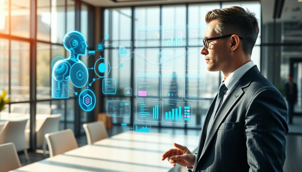 A futuristic AI assistant vividly depicted in an office setting, interacting with holographic workflow charts and graphs. In the foreground, a professional individual dressed in smart business attire is engaged with the assistant, who appears as a sleek, humanoid device radiating soft blue and white light. The middle layer showcases advanced digital interfaces, displaying intricate data flows and task lists in vibrant colors. In the background, a modern office with glass walls and minimalistic furnishings, bathed in natural daylight streaming in from large windows, enhances the atmosphere. The scene conveys a sense of efficiency and collaboration, embodying the concept of a specialized AI workflow assistant. The image should evoke a tone of innovation and professionalism, captured with a dynamic angle that emphasizes the interaction between human and technology. A futuristic AI assistant vividly depicted in an office setting, interacting with holographic workflow charts and graphs. In the foreground, a professional individual dressed in smart business attire is engaged with the assistant, who appears as a sleek, humanoid device radiating soft blue and white light. The middle layer showcases advanced digital interfaces, displaying intricate data flows and task lists in vibrant colors. In the background, a modern office with glass walls and minimalistic furnishings, bathed in natural daylight streaming in from large windows, enhances the atmosphere. The scene conveys a sense of efficiency and collaboration, embodying the concept of a specialized AI workflow assistant. The image should evoke a tone of innovation and professionalism, captured with a dynamic angle that emphasizes the interaction between human and technology.