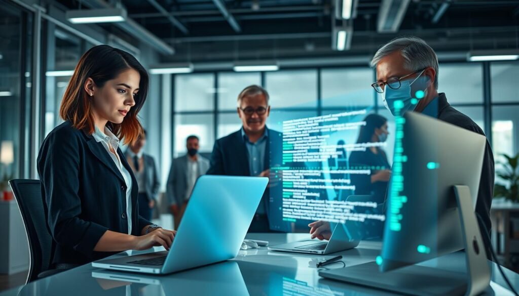 A futuristic workspace featuring a diverse group of professional developers collaborating around a sleek computer workstation. In the foreground, a young woman with medium-length brown hair wearing smart casual attire types on a laptop, while an older man with glasses stands beside her, both engaged in focused discussion. The middle ground showcases a glowing holographic display of code, symbolizing GitHub Copilot in action, with lines of code and AI suggestions dynamically evolving. The background presents a modern office environment with large windows, allowing soft natural light to stream in, illuminating elements of technology and innovation. The atmosphere is collaborative and optimistic, hinting at a bright future in development with AI assistance. Use a wide-angle lens perspective to capture the scene, emphasizing the teamwork and interaction among the developers. A futuristic workspace featuring a diverse group of professional developers collaborating around a sleek computer workstation. In the foreground, a young woman with medium-length brown hair wearing smart casual attire types on a laptop, while an older man with glasses stands beside her, both engaged in focused discussion. The middle ground showcases a glowing holographic display of code, symbolizing GitHub Copilot in action, with lines of code and AI suggestions dynamically evolving. The background presents a modern office environment with large windows, allowing soft natural light to stream in, illuminating elements of technology and innovation. The atmosphere is collaborative and optimistic, hinting at a bright future in development with AI assistance. Use a wide-angle lens perspective to capture the scene, emphasizing the teamwork and interaction among the developers.