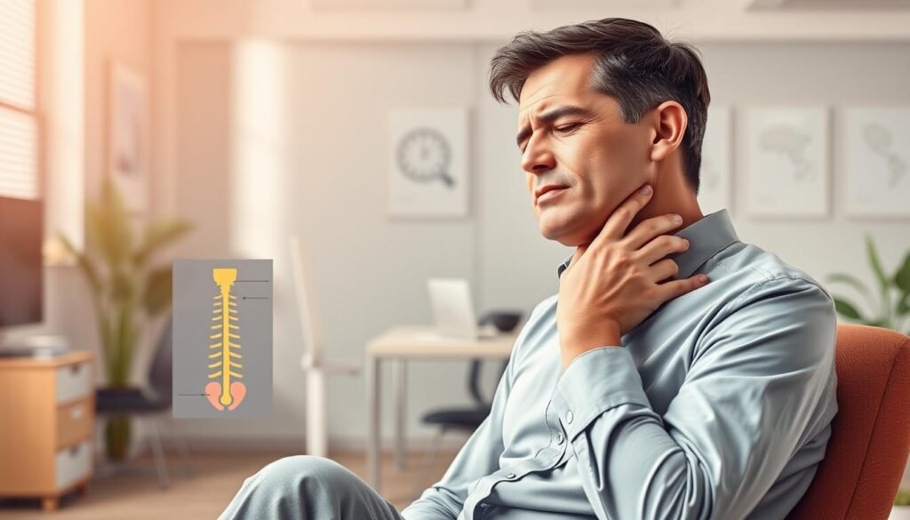 A medical illustration depicting the symptoms of a pinched nerve, showcasing a person seated in a neutral posture, dressed in professional casual attire, demonstrating visible discomfort. In the foreground, focus on the individual's hand cradling their neck, indicating pain, with a subtle furrowed brow. In the middle ground, anatomical diagrams or illustrations of the nervous system can be faintly visible, highlighting the nerve pathways affected. The background features a soft, professional office setting with calming colors to evoke a serene mood. Utilize soft, diffused lighting to create a clinical yet approachable atmosphere, with a focus on human emotion and physical stresses associated with nerve compression. The composition should emphasize clarity and educational value, avoiding clutter in the visuals.