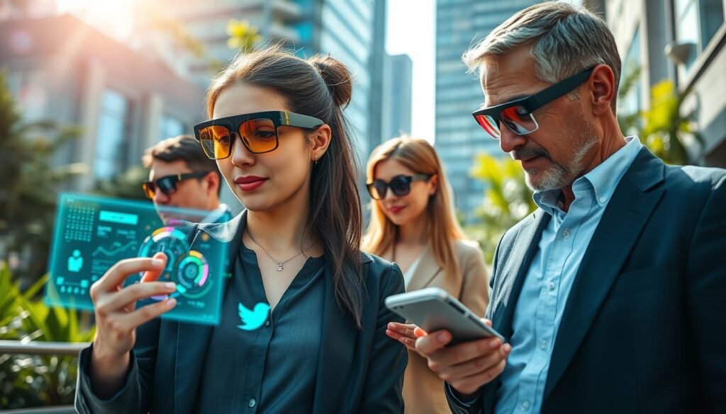 A modern, futuristic setting showcasing a diverse group of professionals engaging in various daily activities while wearing stylish, high-tech smart glasses. In the foreground, a young woman interacts with a holographic interface, projecting information in vibrant colors. To her right, a middle-aged man reads notifications appearing in his glasses, looking focused yet relaxed. In the background, an urban environment filled with sleek architecture and greenery enhances the technology theme, with sunlight filtering through the buildings, creating a bright and optimistic atmosphere. The scene radiates productivity and innovation, highlighting the benefits of smart glasses, such as augmented reality features and seamless access to information, captured in a dynamic, well-lit composition with a slight depth of field. A modern, futuristic setting showcasing a diverse group of professionals engaging in various daily activities while wearing stylish, high-tech smart glasses. In the foreground, a young woman interacts with a holographic interface, projecting information in vibrant colors. To her right, a middle-aged man reads notifications appearing in his glasses, looking focused yet relaxed. In the background, an urban environment filled with sleek architecture and greenery enhances the technology theme, with sunlight filtering through the buildings, creating a bright and optimistic atmosphere. The scene radiates productivity and innovation, highlighting the benefits of smart glasses, such as augmented reality features and seamless access to information, captured in a dynamic, well-lit composition with a slight depth of field.