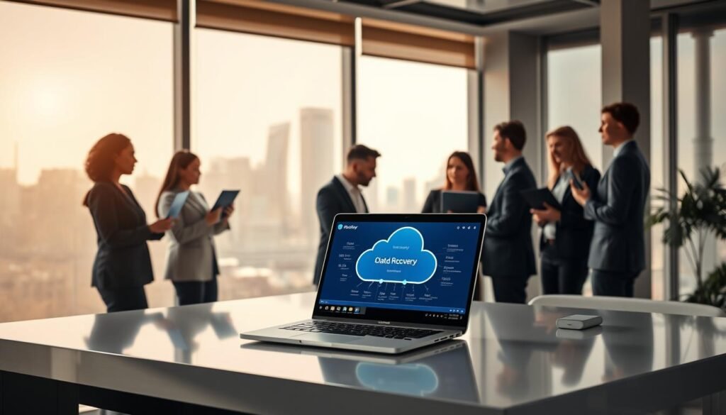 A modern office setting with a sleek, high-tech computer desk at the forefront, featuring a laptop displaying a cloud recovery interface. The middle ground shows a diverse group of professional individuals engaged in a discussion, wearing business attire, analyzing data recovery options on screens. The background features a large window with a city skyline, illuminated by soft natural light filtering through shades, creating a calm and productive atmosphere. The scene conveys a sense of teamwork and innovation in data recovery. Include subtle technological elements, such as digital data streams or cloud icons, to emphasize the concept of cloud data recovery. Use a slightly overhead angle to capture the collaboration and focus in the workspace. A modern office setting with a sleek, high-tech computer desk at the forefront, featuring a laptop displaying a cloud recovery interface. The middle ground shows a diverse group of professional individuals engaged in a discussion, wearing business attire, analyzing data recovery options on screens. The background features a large window with a city skyline, illuminated by soft natural light filtering through shades, creating a calm and productive atmosphere. The scene conveys a sense of teamwork and innovation in data recovery. Include subtle technological elements, such as digital data streams or cloud icons, to emphasize the concept of cloud data recovery. Use a slightly overhead angle to capture the collaboration and focus in the workspace.