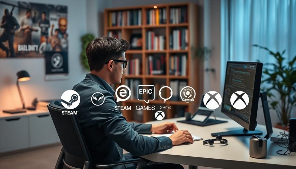 A modern office workspace with a focus on troubleshooting game launchers. In the foreground, a professional person dressed in smart casual attire is seated at a sleek, clutter-free desk, intently analyzing various game launcher interfaces displayed on a high-resolution monitor. The middle layer features an array of popular game launcher logos, like Steam, Epic Games, and Xbox, visually organized around the desk, with technical tools like headphones and a notepad for notes. The background showcases a cozy office ambiance with soft, ambient lighting, a large bookshelf filled with game development books, and a potted plant for a touch of nature. The overall mood is focused and productive, conveying the process of diagnosis and problem-solving in gaming technology. A modern office workspace with a focus on troubleshooting game launchers. In the foreground, a professional person dressed in smart casual attire is seated at a sleek, clutter-free desk, intently analyzing various game launcher interfaces displayed on a high-resolution monitor. The middle layer features an array of popular game launcher logos, like Steam, Epic Games, and Xbox, visually organized around the desk, with technical tools like headphones and a notepad for notes. The background showcases a cozy office ambiance with soft, ambient lighting, a large bookshelf filled with game development books, and a potted plant for a touch of nature. The overall mood is focused and productive, conveying the process of diagnosis and problem-solving in gaming technology.