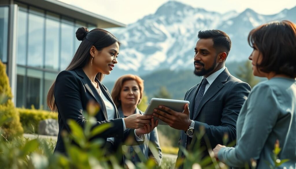 A serene Nordic landscape, showcasing a small group of diverse individuals in professional attire engaged in a collaborative discussion. In the foreground, an Asian woman and a Black man are exchanging ideas over a tablet, symbolizing health literacy. The middle layer features a backdrop of a modern Nordic building with glass architecture, surrounded by lush greenery and snow-capped mountains, representative of a high standard of living. Soft, natural lighting filters through the scene, casting gentle shadows that enhance the overall tranquility. The atmosphere is one of collaboration and education, emphasizing the concept of learning from Nordic countries to improve health literacy. The composition is shot from a slightly elevated angle, capturing both the interactions and the stunning scenery.