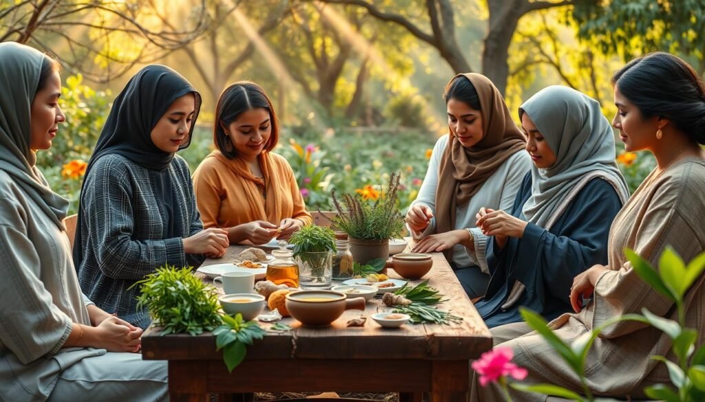 A serene and inviting scene depicting women's health through traditional herbal remedies. In the foreground, a diverse group of women in modest, casual attire thoughtfully preparing herbal concoctions with fresh ingredients like turmeric, ginger, and lemongrass. They are gathered around a rustic wooden table adorned with vibrant herbs and teacups. The middle ground reveals a lush garden filled with flourishing plants and colorful flowers, symbolizing natural healing. In the background, soft rays of sunlight filter through trees, creating a warm, peaceful atmosphere. The overall mood is empowering and nurturing, emphasizing the holistic benefits of traditional herbal medicine for women's well-being. Use soft focus and warm lighting to enhance the inviting feel.