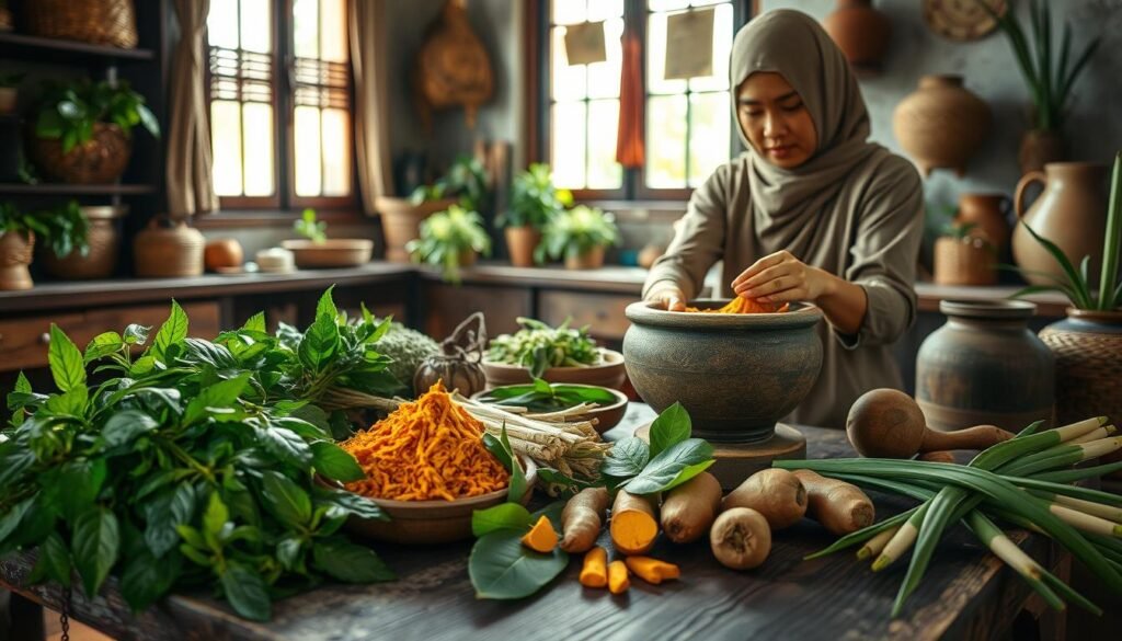 A serene kitchen scene showcasing the traditional process of making jamu, an Indonesian herbal drink. In the foreground, a skilled female herbalist in modest clothing is carefully grinding fresh turmeric and ginger using a stone mortar and pestle, surrounded by vibrant green herbs and spices. The middle ground features an array of natural ingredients like pandan leaves, tamarind, and lemongrass, beautifully arranged on a rustic wooden table. The background includes soft lighting filtering through a window, casting a warm glow over the scene, and traditional Indonesian decor such as woven baskets and clay pots. The overall mood is calm and inviting, emphasizing the natural and wholesome aspects of herbal medicine preparation.