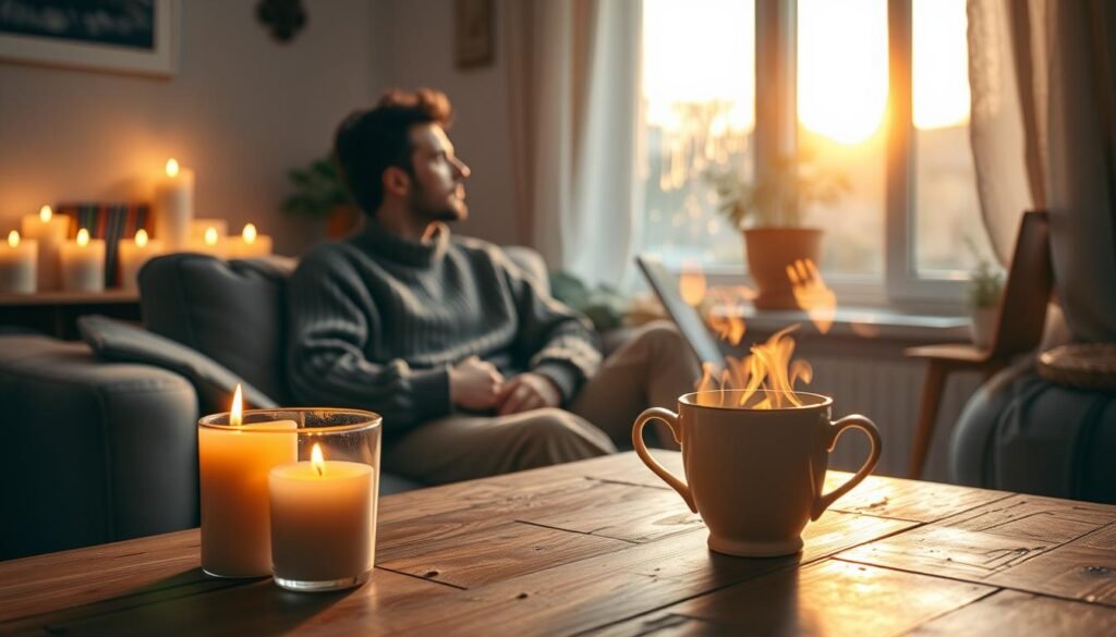 A serene scene depicting a person sitting on a comfortable couch in a cozy, softly lit room, surrounded by gently flickering candles. The individual, dressed in a cozy sweater, gazes thoughtfully out of a window, watching gentle raindrops slide down the glass, creating a feeling of introspection and healing. In the foreground, a steaming cup of herbal tea rests on a rustic wooden table, adding warmth to the atmosphere. The middle ground features a bookshelf filled with colorful albums and plants. The background captures the soft glow of sunset through the window, casting a golden hue that enhances the mood of calmness and emotional healing. The lighting is warm and inviting, evoking a peaceful, healing ambiance. A serene scene depicting a person sitting on a comfortable couch in a cozy, softly lit room, surrounded by gently flickering candles. The individual, dressed in a cozy sweater, gazes thoughtfully out of a window, watching gentle raindrops slide down the glass, creating a feeling of introspection and healing. In the foreground, a steaming cup of herbal tea rests on a rustic wooden table, adding warmth to the atmosphere. The middle ground features a bookshelf filled with colorful albums and plants. The background captures the soft glow of sunset through the window, casting a golden hue that enhances the mood of calmness and emotional healing. The lighting is warm and inviting, evoking a peaceful, healing ambiance.