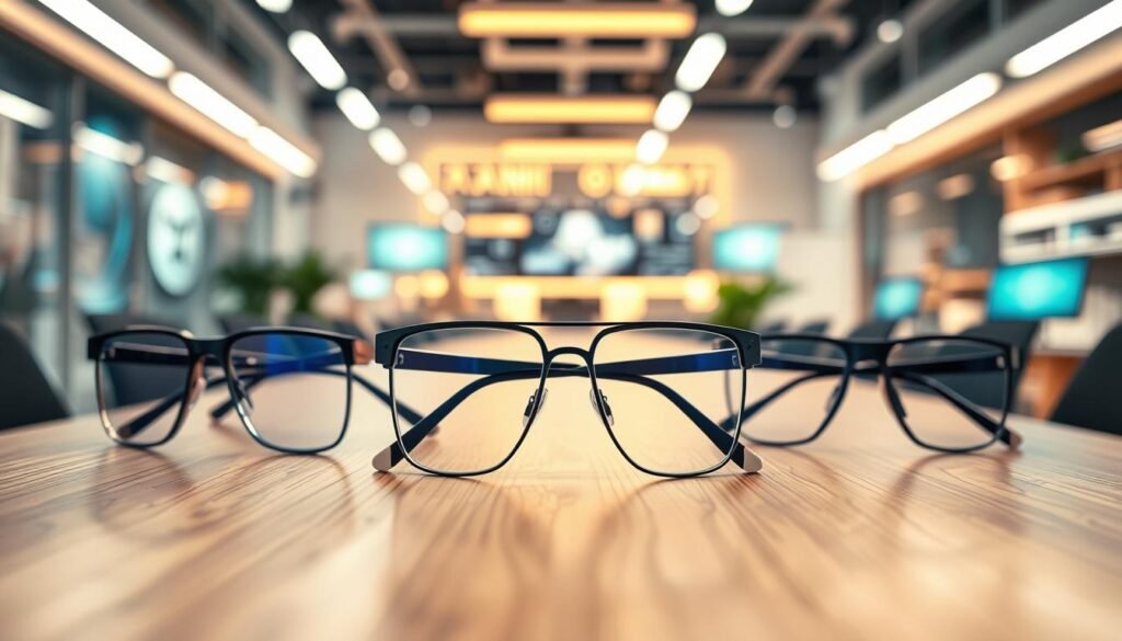 A sleek and modern display of top AI-based smart glasses arranged on a stylish wooden table. In the foreground, several pairs of smart glasses with advanced technology are showcased, highlighting their unique features like augmented reality lenses and minimalistic design. The middle ground features a softly lit setting, with a blurred background displaying a high-tech office environment, hinting at innovative digital displays and gadgets. The lighting is bright but soft, creating a futuristic and professional ambiance that conveys sophistication. The angle captures the glasses from a slight overhead perspective, emphasizing both their design and functionality, while the mood feels optimistic and cutting-edge, representing the future of smart eyewear technology. A sleek and modern display of top AI-based smart glasses arranged on a stylish wooden table. In the foreground, several pairs of smart glasses with advanced technology are showcased, highlighting their unique features like augmented reality lenses and minimalistic design. The middle ground features a softly lit setting, with a blurred background displaying a high-tech office environment, hinting at innovative digital displays and gadgets. The lighting is bright but soft, creating a futuristic and professional ambiance that conveys sophistication. The angle captures the glasses from a slight overhead perspective, emphasizing both their design and functionality, while the mood feels optimistic and cutting-edge, representing the future of smart eyewear technology.