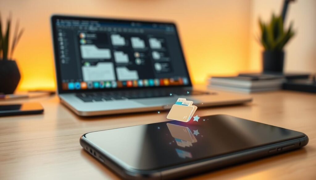A sleek, modern Android phone displayed prominently in the foreground, resting on a minimalist wooden desk. The screen of the phone shows a vibrant and colorful Folder Trash icon, prominently featuring a stylized trash can with glowing elements that indicate recovered files. Surrounding the phone, subtle reflections of various digital files suggest the idea of data recovery. In the middle ground, a slightly blurred laptop with files open on its screen illustrates a workspace environment, enhancing the tech-inspired theme. In the background, soft, ambient lighting casts a warm glow, creating an inviting atmosphere. The overall mood is informative and encouraging, symbolizing the ease of retrieving deleted files, with a focus on clarity and modern digital technology. A sleek, modern Android phone displayed prominently in the foreground, resting on a minimalist wooden desk. The screen of the phone shows a vibrant and colorful Folder Trash icon, prominently featuring a stylized trash can with glowing elements that indicate recovered files. Surrounding the phone, subtle reflections of various digital files suggest the idea of data recovery. In the middle ground, a slightly blurred laptop with files open on its screen illustrates a workspace environment, enhancing the tech-inspired theme. In the background, soft, ambient lighting casts a warm glow, creating an inviting atmosphere. The overall mood is informative and encouraging, symbolizing the ease of retrieving deleted files, with a focus on clarity and modern digital technology.