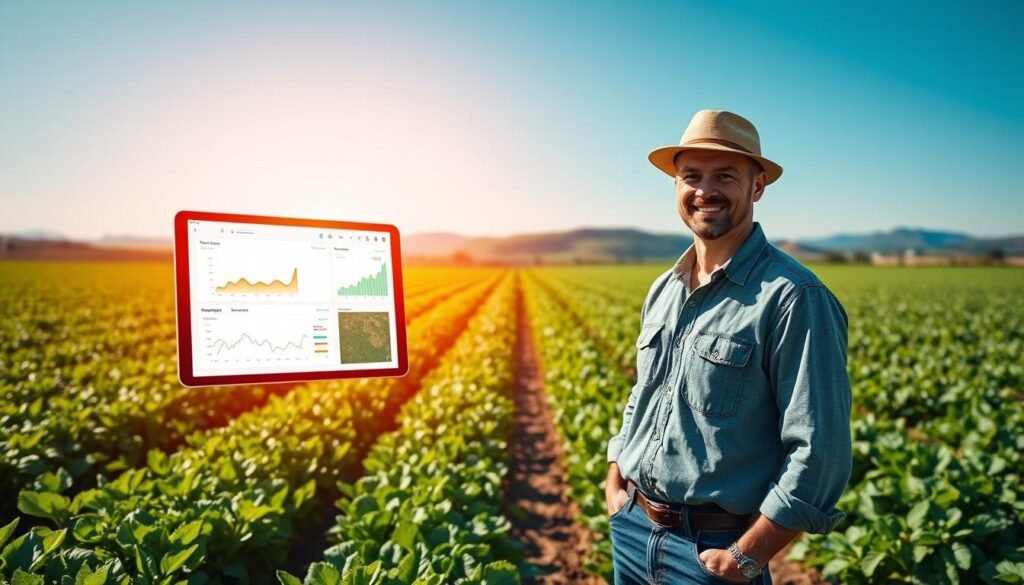 A smart farming application interface showcased on a sleek tablet, held by a farmer in modest casual clothing, standing in a lush green field with vibrant crops. The foreground features the glowing screen displaying analytics and crop health data with graphs and satellite imagery. In the middle ground, rows of diverse crops flourish under a bright, sunny sky, suggesting optimal growth conditions. The background shows distant hills under a clear blue sky, representing a technologically advanced farming landscape. High-quality lighting highlights the device and the farmer's focused expression, creating a fresh and optimistic atmosphere that embodies innovation in agriculture. The image captures the essence of AI-driven smart farming in action. A smart farming application interface showcased on a sleek tablet, held by a farmer in modest casual clothing, standing in a lush green field with vibrant crops. The foreground features the glowing screen displaying analytics and crop health data with graphs and satellite imagery. In the middle ground, rows of diverse crops flourish under a bright, sunny sky, suggesting optimal growth conditions. The background shows distant hills under a clear blue sky, representing a technologically advanced farming landscape. High-quality lighting highlights the device and the farmer's focused expression, creating a fresh and optimistic atmosphere that embodies innovation in agriculture. The image captures the essence of AI-driven smart farming in action.
