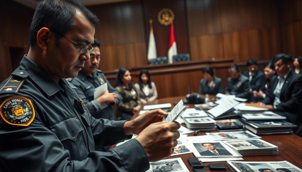 A tense and dramatic courtroom scene depicting a murder investigation in Jakarta, featuring a diverse group of professional law enforcement officers in formal business attire, analyzing evidence on a table filled with case files, photographs, and forensic materials. In the foreground, a determined police officer examines a critical piece of evidence with a focused expression. The middle ground showcases concerned family members of the victims, quietly observing the proceedings. The background features a large, imposing judge’s bench, with the Indonesian flag subtly displayed. Soft, dramatic lighting casts shadows across the scene, creating a serious atmosphere. The angle is slightly elevated to capture the interplay of expressions and the gravity of the investigation, emphasizing the urgency and importance of justice.