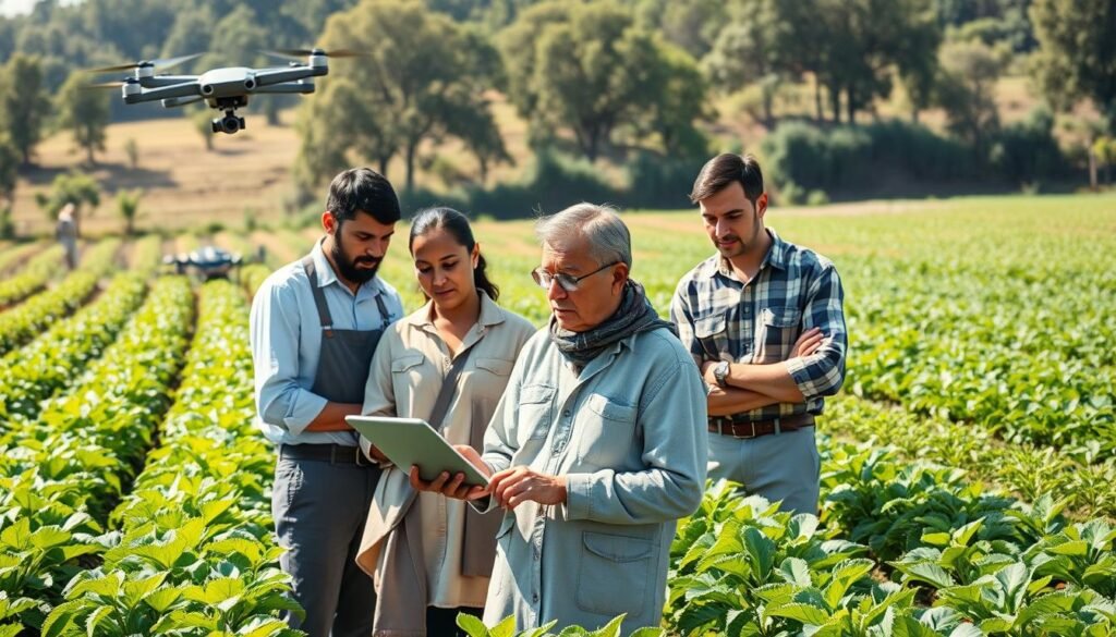 A vibrant agricultural landscape showcasing the challenges of implementing AI technology in farming. In the foreground, a diverse group of farmers in modest casual clothing, discussing data on a tablet, displaying expressions of concern and curiosity. The middle ground features advanced agricultural machinery integrated with AI, such as drones and smart sensors among rows of healthy crops. The background displays a contrasting scene of traditional farming methods, illustrating resistance to change. The lighting is bright and natural, suggesting a sunny day, enhancing the contrast between old and new. The angle is slightly tilted, offering a dynamic perspective that highlights the tension between innovation and tradition, evoking a sense of determination and hope in the atmosphere. A vibrant agricultural landscape showcasing the challenges of implementing AI technology in farming. In the foreground, a diverse group of farmers in modest casual clothing, discussing data on a tablet, displaying expressions of concern and curiosity. The middle ground features advanced agricultural machinery integrated with AI, such as drones and smart sensors among rows of healthy crops. The background displays a contrasting scene of traditional farming methods, illustrating resistance to change. The lighting is bright and natural, suggesting a sunny day, enhancing the contrast between old and new. The angle is slightly tilted, offering a dynamic perspective that highlights the tension between innovation and tradition, evoking a sense of determination and hope in the atmosphere.