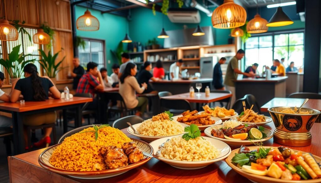 A vibrant and colorful restaurant scene showcasing a unique dining concept in Indonesia. In the foreground, elegantly arranged, traditional Indonesian dishes like Nasi Goreng, Sate, and Gado-Gado displayed on a wooden table, garnished with fresh herbs. In the middle ground, a diverse group of diners in modest casual clothing engaged in lively conversation, enjoying their meals. The restaurant interior features bamboo decor, hanging plants, and warm pendant lighting that creates a cozy atmosphere. In the background, an open kitchen with chefs preparing food adds an authentic touch. The scene is captured with a slightly elevated angle, emphasizing the inviting vibe and unique cultural experience of eating in a popular culinary hotspot. Natural light filters in, enhancing the vibrant colors of the dishes.