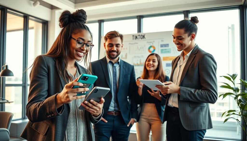 A vibrant and engaging scene depicting a diverse group of young adults, dressed in professional attire, collaborating in a modern office space. In the foreground, a young woman enthusiastically demonstrates TikTok trends on her smartphone, while two others watch intently, taking notes. In the middle ground, a whiteboard is filled with colorful brainstorming ideas and TikTok analytics, showcasing a creative atmosphere. The background features large windows letting in natural light, illuminating the room with a warm glow. The angle captures the lively energy of the moment, suggesting a collaborative spirit and strategic planning, highlighting the essence of creating viral TikTok content. A vibrant and engaging scene depicting a diverse group of young adults, dressed in professional attire, collaborating in a modern office space. In the foreground, a young woman enthusiastically demonstrates TikTok trends on her smartphone, while two others watch intently, taking notes. In the middle ground, a whiteboard is filled with colorful brainstorming ideas and TikTok analytics, showcasing a creative atmosphere. The background features large windows letting in natural light, illuminating the room with a warm glow. The angle captures the lively energy of the moment, suggesting a collaborative spirit and strategic planning, highlighting the essence of creating viral TikTok content.