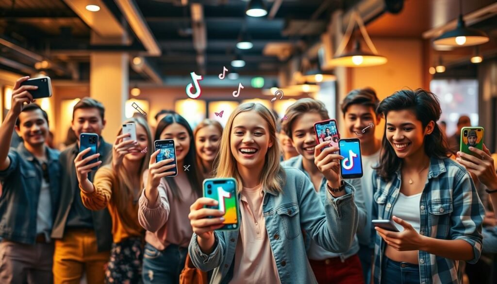 A vibrant and engaging scene depicting various types of TikTok content that often goes viral. In the foreground, a diverse group of young adults, dressed in casual yet stylish clothing, creatively showcasing popular TikTok formats such as dance challenges, lip-syncing, and comedic skits. The middle ground features a colorful array of smartphones capturing these dynamic moments, with elements of popular TikTok trends like transitions and visual effects subtly illustrated around them. The background showcases a lively indoor setting, reminiscent of a trendy café or a social gathering space, bathed in warm, inviting lighting that creates an energetic, upbeat atmosphere. Soft bokeh effects blur the background details to emphasize the action and excitement of TikTok content creation. A vibrant and engaging scene depicting various types of TikTok content that often goes viral. In the foreground, a diverse group of young adults, dressed in casual yet stylish clothing, creatively showcasing popular TikTok formats such as dance challenges, lip-syncing, and comedic skits. The middle ground features a colorful array of smartphones capturing these dynamic moments, with elements of popular TikTok trends like transitions and visual effects subtly illustrated around them. The background showcases a lively indoor setting, reminiscent of a trendy café or a social gathering space, bathed in warm, inviting lighting that creates an energetic, upbeat atmosphere. Soft bokeh effects blur the background details to emphasize the action and excitement of TikTok content creation.