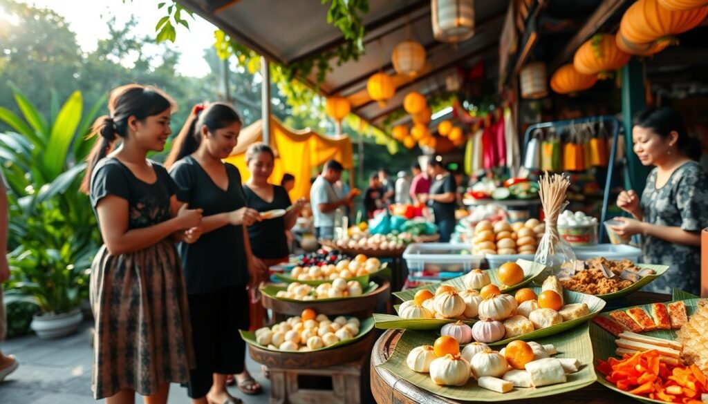 A vibrant and inviting Indonesian street market scene showcasing various traditional snacks. In the foreground, a small wooden table displays an assortment of colorful jajanan pasar, including pastel lilit, klepon, and gorengan, artfully arranged on banana leaves. Include enthusiastic vendors in modest casual clothing interacting with customers, smiling and demonstrating their foods. In the middle ground, bustling market stalls are visible, draped with bright fabrics and adorned with fresh ingredients, hinting at local spices and herbs. The background features lush greenery and lanterns, casting a warm glow during late afternoon. Soft sunlight filters through the canopy, creating a friendly and festive atmosphere, evoking a sense of community and cultural richness.