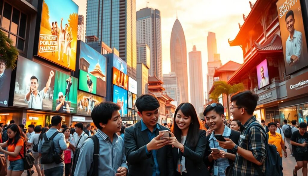 A vibrant digital landscape reflecting Indonesian society, showcasing diverse individuals engaging with technology. In the foreground, a group of young professionals in smart casual attire is gathered around a smartphone, reacting enthusiastically to a viral video. The middle layer features a bustling street scene filled with digital billboards displaying popular content, while pedestrians interact with their devices. In the background, traditional Indonesian architecture blends seamlessly with modern skyscrapers, symbolizing the harmony of culture and technology. The scene is bathed in warm, dynamic lighting of a sunset, creating an inviting atmosphere. The angle is slightly elevated, capturing the energy of the moment without any text or distractions.