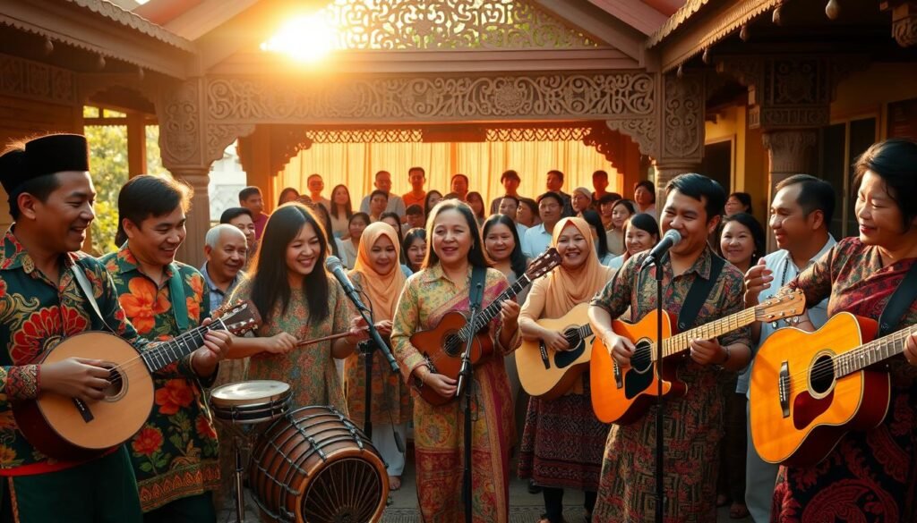 A vibrant scene depicting modern regional music in Indonesia. In the foreground, a diverse group of musicians, dressed in colorful traditional attire blended with contemporary styles, passionately play traditional instruments like the angklung and gamelan, alongside modern guitars and drums. The middle background features a lively audience enjoying the performance, with expressions of joy and engagement. The setting is enriched by traditional Indonesian architectural elements, such as a wooden pavilion adorned with intricate carvings. Warm, soft lighting illuminates the scene, creating a welcoming and celebratory atmosphere, with the golden hour sun casting a gentle glow. The image captures a harmonious fusion of cultural roots and modern influences, evoking a sense of community and musical evolution. A vibrant scene depicting modern regional music in Indonesia. In the foreground, a diverse group of musicians, dressed in colorful traditional attire blended with contemporary styles, passionately play traditional instruments like the angklung and gamelan, alongside modern guitars and drums. The middle background features a lively audience enjoying the performance, with expressions of joy and engagement. The setting is enriched by traditional Indonesian architectural elements, such as a wooden pavilion adorned with intricate carvings. Warm, soft lighting illuminates the scene, creating a welcoming and celebratory atmosphere, with the golden hour sun casting a gentle glow. The image captures a harmonious fusion of cultural roots and modern influences, evoking a sense of community and musical evolution.