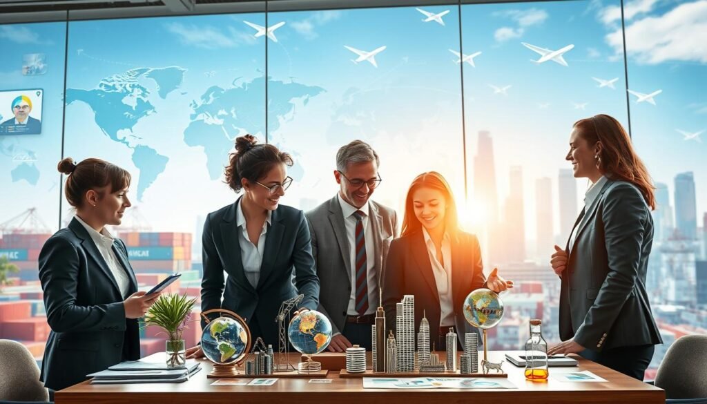 A vibrant scene depicting the competitive advantages of small and medium-sized enterprises (SMEs) in the global market. In the foreground, a diverse group of business professionals in smart business attire collaborate, showcasing innovative products and services on a table, symbolizing creativity and adaptability. The middle ground features a modern workspace, filled with international maps, charts, and digital screens that highlight export opportunities. In the background, a bright city skyline represents global markets, with shipping containers and airplanes, signifying trade and connection. Soft, natural lighting illuminates the scene, creating an optimistic atmosphere. Use a wide-angle lens to capture the dynamic interaction, focusing on collaboration and global outreach. The image conveys a sense of growth, opportunity, and professionalism.