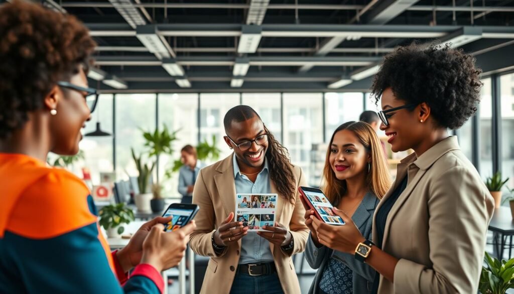 A vibrant scene showcasing collaboration between influencers and user-generated content creators. In the foreground, a diverse group of three individuals is engaged in a brainstorming session, each wearing stylish, professional attire. The middle ground reveals their digital devices displaying social media platforms with colorful posts featuring user-generated content. The background is a modern office environment with large windows allowing natural light to flood in, highlighting a dynamic workspace filled with plants and art. The atmosphere is lively and creative, reflecting teamwork and innovation, capturing the essence of modern marketing strategies. The angle is slightly elevated, offering an expansive view of this collaborative scene, emphasizing interaction and inspiration.