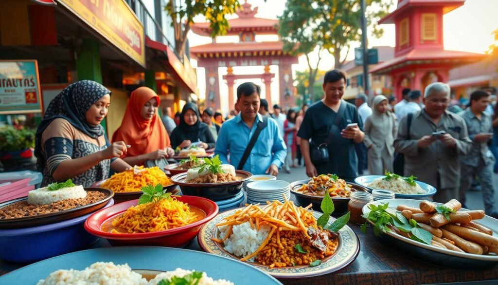 A vibrant street scene depicting "Wisata Kuliner Jogja," showcasing popular Javanese dishes served at colorful food stalls. In the foreground, include close-up shots of beautifully plated traditional dishes, such as nasi gudeg, bakmi jawa, and sate klathak, garnished with fresh herbs and vibrant colors. In the middle ground, capture local food vendors interacting with tourists, all dressed in modest casual clothing, smiling and offering samples. The background features iconic Jogja landmarks, such as the Kraton or Tugu Yogyakarta, bathed in warm, golden sunlight that enhances the inviting atmosphere. Use a wide-angle lens to create a sense of depth and vibrancy, with soft focus on the background to emphasize the rich culinary experience. The mood is lively and welcoming, reflecting the joy of exploring Jogja's culinary gems.