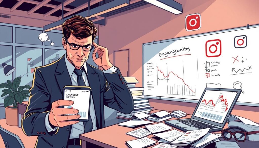 A visually striking illustration representing common marketing mistakes on Instagram, focusing on a confused business professional in a modern office setting. In the foreground, the professional, dressed in smart business attire, examines a phone showing poor engagement metrics. The middle ground includes a cluttered desk with scattered papers and a laptop displaying graphs with downward trends, symbolizing ineffective strategies. The background features a whiteboard with crossed-out marketing ideas and an Instagram logo. The lighting is bright with a hint of harsh shadows, creating a serious yet contemplative atmosphere, hinting at the need for improvement in Instagram marketing strategies. The angle is slightly elevated, giving a comprehensive view of the chaos. The overall mood conveys urgency and the necessity for better planning.