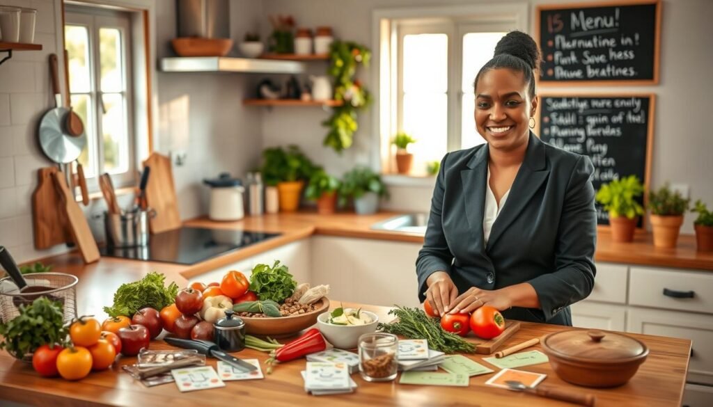 A warm and inviting kitchen scene highlighting the initial steps of starting a home catering business. In the foreground, a smiling individual in professional, modest business attire is preparing fresh ingredients, such as vegetables and spices, on a clean, wooden countertop. The middle ground features a variety of neatly organized cooking utensils and colorful recipe cards scattered about, showcasing a blend of creativity and organization. In the background, soft natural light streams in through a window, illuminating the cozy kitchen filled with herbs in pots and a chalkboard listing menu ideas. The overall atmosphere is motivating and filled with a sense of possibility, conveying the excitement of starting a culinary venture. A warm and inviting kitchen scene highlighting the initial steps of starting a home catering business. In the foreground, a smiling individual in professional, modest business attire is preparing fresh ingredients, such as vegetables and spices, on a clean, wooden countertop. The middle ground features a variety of neatly organized cooking utensils and colorful recipe cards scattered about, showcasing a blend of creativity and organization. In the background, soft natural light streams in through a window, illuminating the cozy kitchen filled with herbs in pots and a chalkboard listing menu ideas. The overall atmosphere is motivating and filled with a sense of possibility, conveying the excitement of starting a culinary venture.