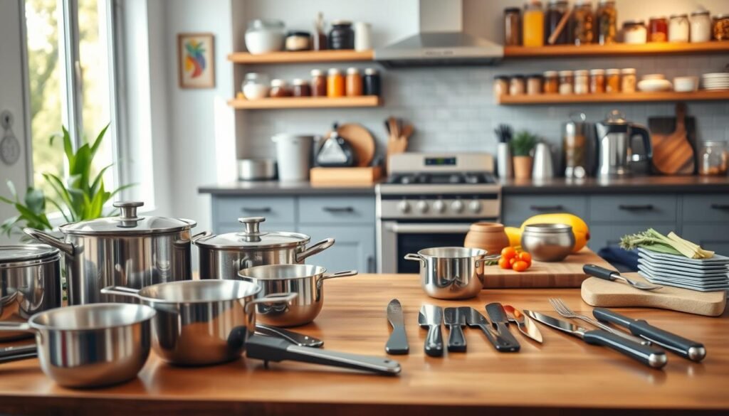A well-organized home catering setup, showcasing a variety of essential catering equipment. In the foreground, neatly arranged utensils such as stainless steel pots, measuring cups, and high-quality knives are on a polished wooden table. In the middle ground, a spacious kitchen with a modern oven and stovetop, complemented by colorful ingredients like fresh vegetables and spices on a cutting board. The background features organized shelves filled with jars and containers, creating an inviting atmosphere. Soft, natural lighting streams in from a nearby window, creating a warm and welcoming ambiance. The scene captures a sense of professionalism and readiness for a home catering business, emphasizing simplicity and efficiency. The overall mood is vibrant yet professional. A well-organized home catering setup, showcasing a variety of essential catering equipment. In the foreground, neatly arranged utensils such as stainless steel pots, measuring cups, and high-quality knives are on a polished wooden table. In the middle ground, a spacious kitchen with a modern oven and stovetop, complemented by colorful ingredients like fresh vegetables and spices on a cutting board. The background features organized shelves filled with jars and containers, creating an inviting atmosphere. Soft, natural lighting streams in from a nearby window, creating a warm and welcoming ambiance. The scene captures a sense of professionalism and readiness for a home catering business, emphasizing simplicity and efficiency. The overall mood is vibrant yet professional.