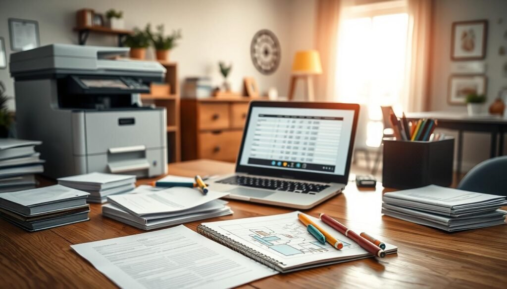 A well-organized workspace showcasing the essential preparations for a photocopy business. In the foreground, a wooden desk displays various photocopy-related equipment: a modern photocopy machine, stacks of blank paper, and a few colorful pens for note-taking. In the middle, a laptop is open, showing a spreadsheet with budgeting figures. Nearby, a notepad with rough sketches of a potential shop layout is spread out. In the background, light pours in from a large window, illuminating a bright, inviting space with simple decor. The atmosphere is cozy yet professional, evoking motivation and business savvy. Use soft, natural lighting to create an optimistic mood, capturing the essence of starting a small business near a campus.