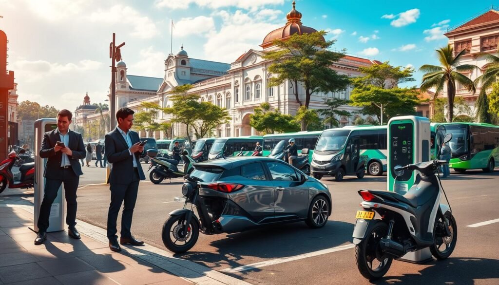 A bustling urban street in Indonesia showcasing the development of electric vehicles. In the foreground, a sleek electric car stops at a charging station, with a modern electric bike parked nearby. Professional individuals in business attire are engaged in conversations while checking their devices, indicating a tech-savvy environment. In the middle ground, a variety of electric vehicles are on display, including scooters, cars, and busses, representing the diversity of the electric vehicle market. The background features iconic Indonesian architecture with lush greenery and a clear blue sky, symbolizing a sustainable future. The lighting is warm and inviting, creating a hopeful atmosphere that highlights the advancements in green technology. The scene captures the essence of progress and innovation in Indonesia's electric vehicle landscape.