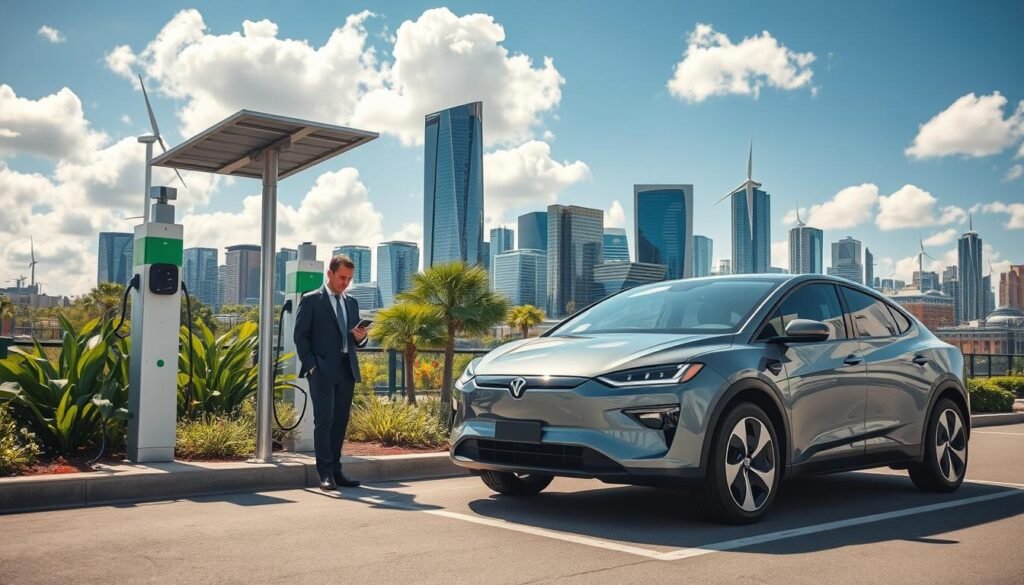 A modern electric vehicle (EV) charging at a solar-powered station in an urban setting. In the foreground, a sleek and stylish electric car with a shiny metallic finish, parked near the charging unit, with a person in professional attire checking their smartphone. The middle layer features green plants and trees surrounding the charging station, symbolizing eco-friendliness. In the background, a vibrant cityscape with skyscrapers integrating green technology, such as wind turbines and solar panels on the rooftops, under a bright blue sky with fluffy white clouds. The lighting is bright and cheerful, suggesting a sunny day, casting soft shadows that enhance the overall positive atmosphere. The scene conveys innovation, sustainability, and progress in electric transportation.