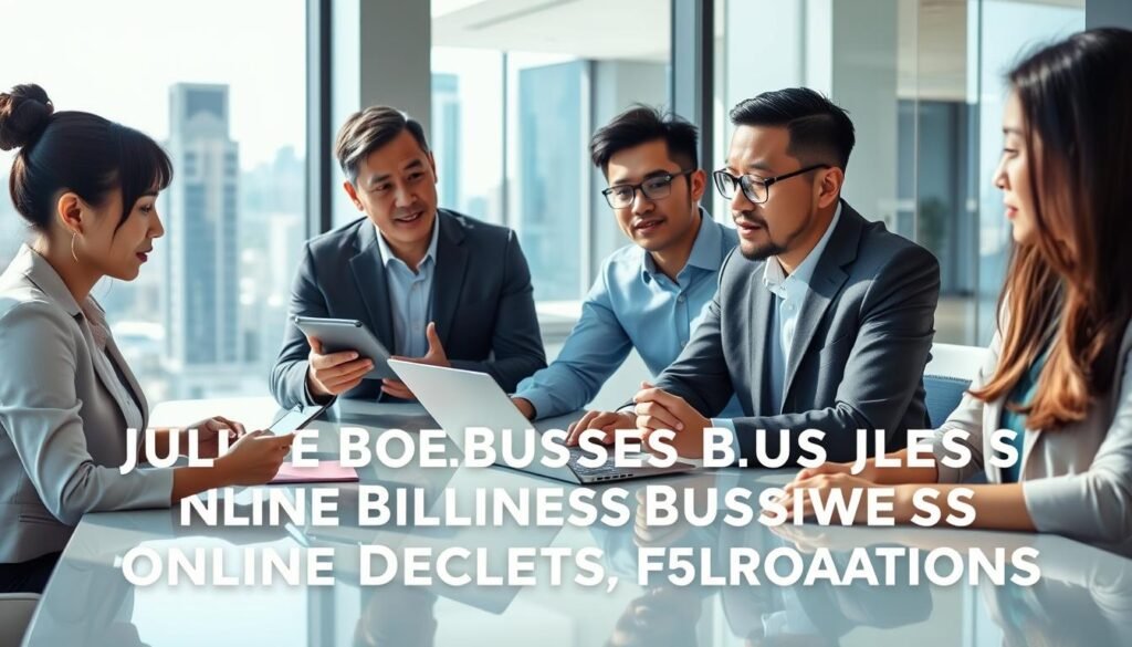 A professional, diverse group of four business people engaged in a collaborative meeting around a sleek, modern conference table. In the foreground, a mid-30s woman in professional attire is presenting ideas on a digital tablet, while a middle-aged man with glasses intently takes notes. In the middle ground, a young man gestures thoughtfully, and a woman of Asian descent contributes with a laptop open before her. The background features a bright, airy office with large windows showing a cityscape, with light streaming in, creating a motivating and focused atmosphere. The scene is captured with a wide-angle lens, emphasizing collaboration and engagement, conveying a sense of purpose and determination in understanding online business foundations.