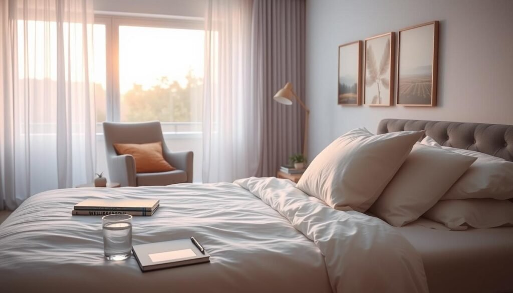 A serene bedroom setting designed to promote healthy sleep habits. In the foreground, a neatly made bed with soft, inviting bedding, a sleep journal, and a glass of water on a bedside table. In the middle ground, a window softly illuminated by warm, early morning light, showcasing sheer curtains fluttering gently. A cozy armchair with a plush throw and a small bookshelf filled with wellness books emphasize relaxation. In the background, calming wall art depicting nature scenes enhances tranquility. The atmosphere is peaceful and inviting, encouraging mindfulness and restfulness. The composition conveys a sense of harmony, focusing on the importance of a healthy sleep environment, with no human figures present. A serene bedroom setting designed to promote healthy sleep habits. In the foreground, a neatly made bed with soft, inviting bedding, a sleep journal, and a glass of water on a bedside table. In the middle ground, a window softly illuminated by warm, early morning light, showcasing sheer curtains fluttering gently. A cozy armchair with a plush throw and a small bookshelf filled with wellness books emphasize relaxation. In the background, calming wall art depicting nature scenes enhances tranquility. The atmosphere is peaceful and inviting, encouraging mindfulness and restfulness. The composition conveys a sense of harmony, focusing on the importance of a healthy sleep environment, with no human figures present.